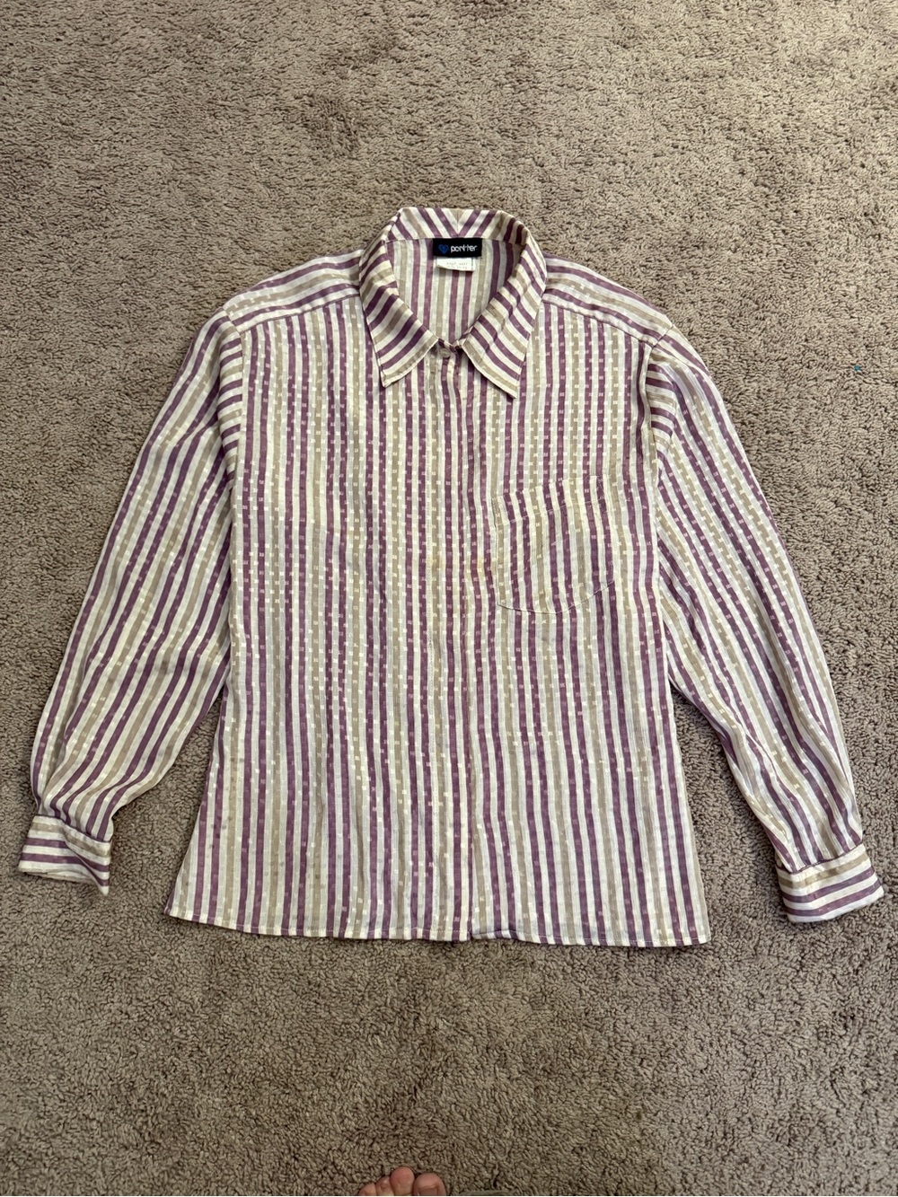 Vintage 80s Panther Blouse Women size Medium Purple Stripe Long Sleeve Button Up